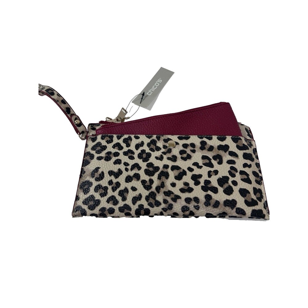 Chico's NOSZ Leopard Print Wristlet Wallet Two Piece Set Faux Leather New w Tags